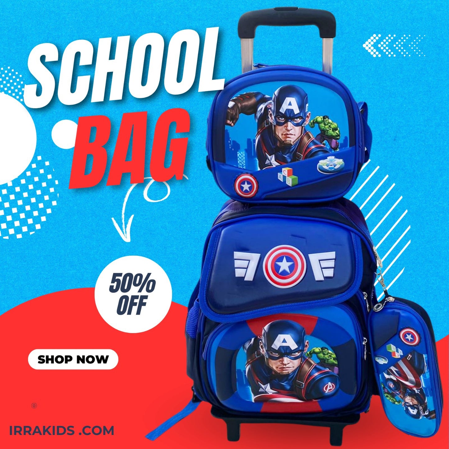Stylish 3-Piece Cartoon Design Rolling School Bag Set for Kids