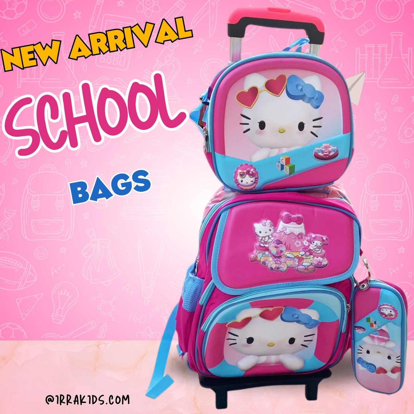 Stylish 3-Piece Cartoon Design Rolling School Bag Set for Kids