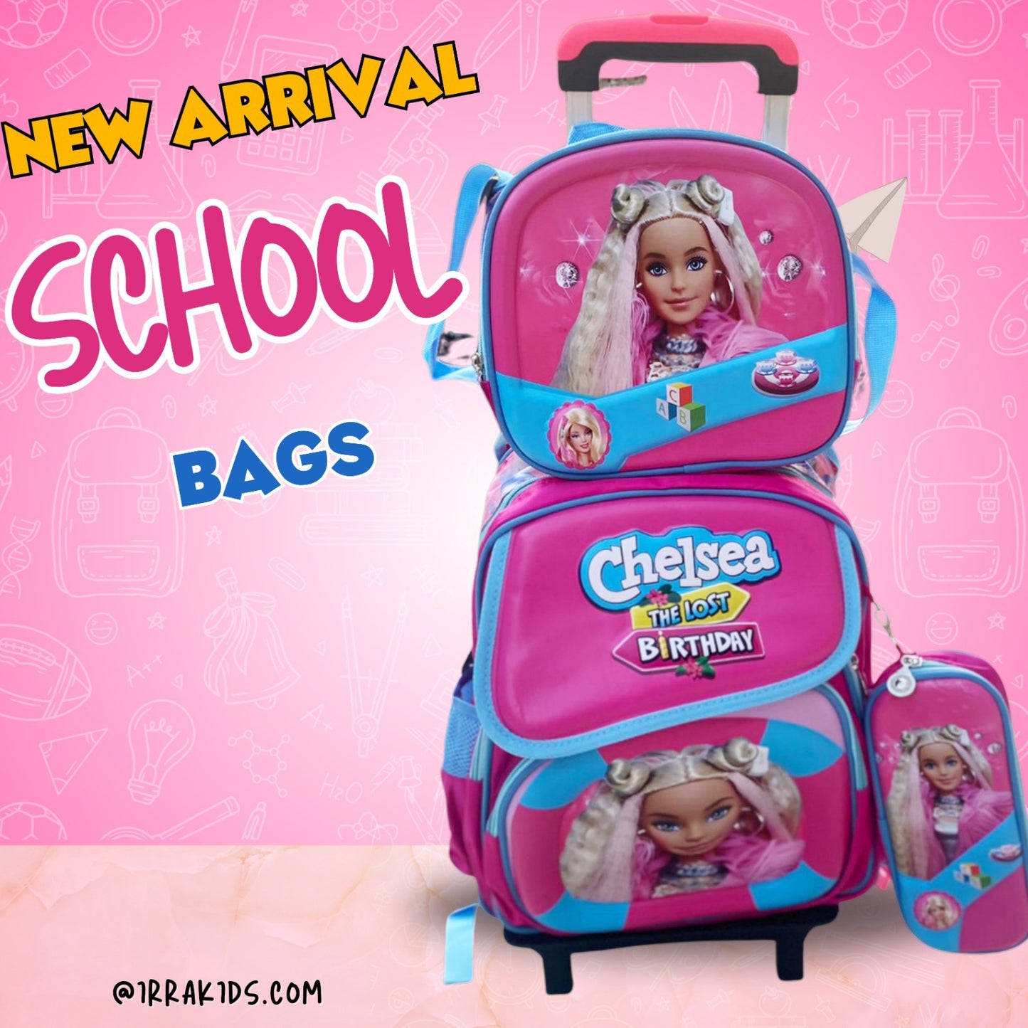 Stylish 3-Piece Cartoon Design Rolling School Bag Set for Kids