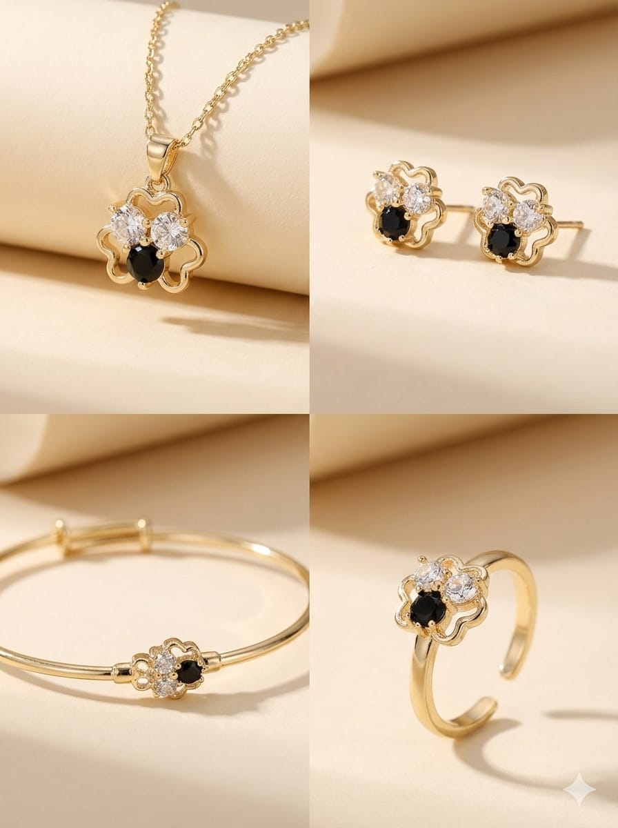 Ensemble de bijoux en or anti-ternissement en forme de trèfle à quatre feuilles – Couleur durable et résistante à l'oxydation, orné de pierres CZ noires et transparentes (ensemble de 5 pièces)