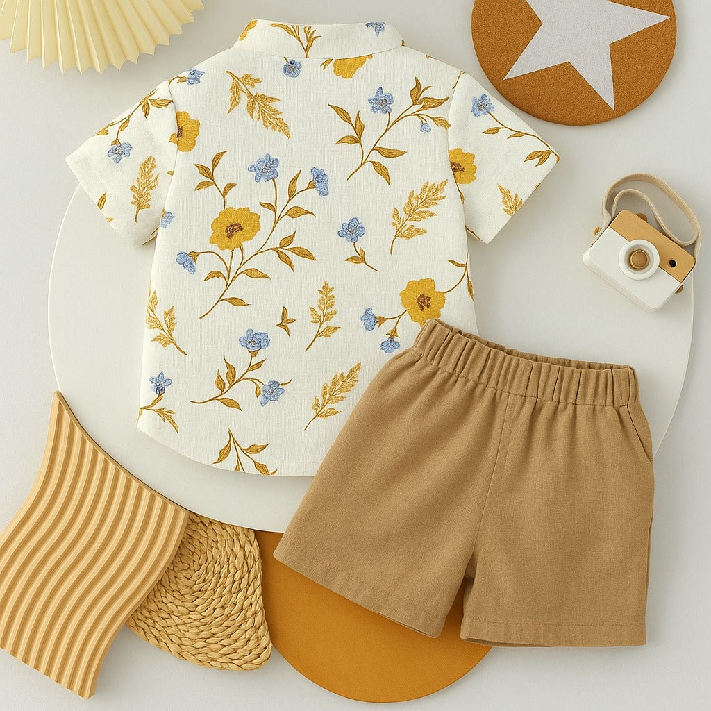Boys’ Summer Floral Shirt & Cream Shorts Set – Lightweight & Stylish