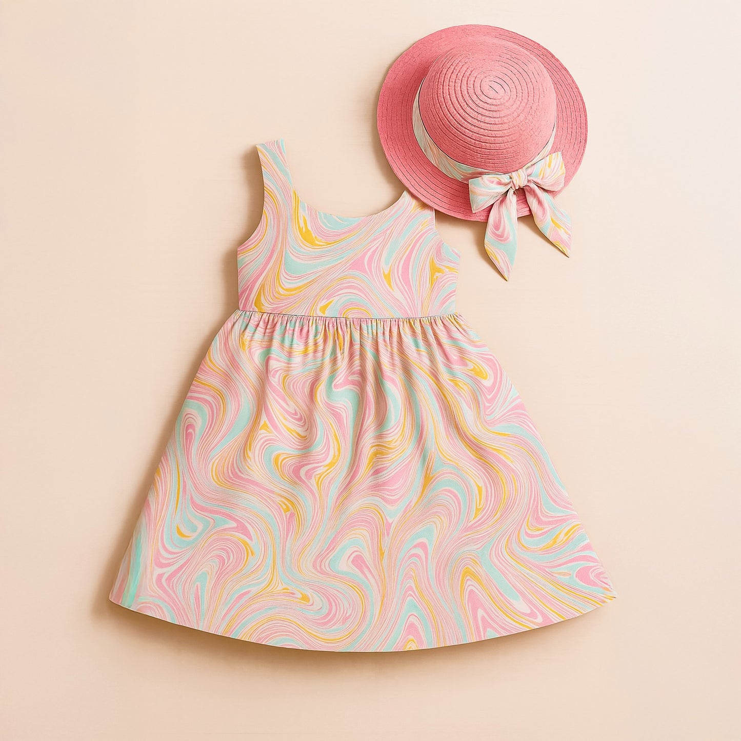 Robe d'été colorée pour fille avec un chapeau élégant et un grand nœud papillon 2