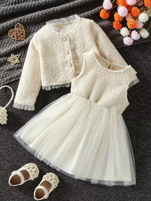 Girls Elegant Ivory Tulle Dress Set with Soft Jacket