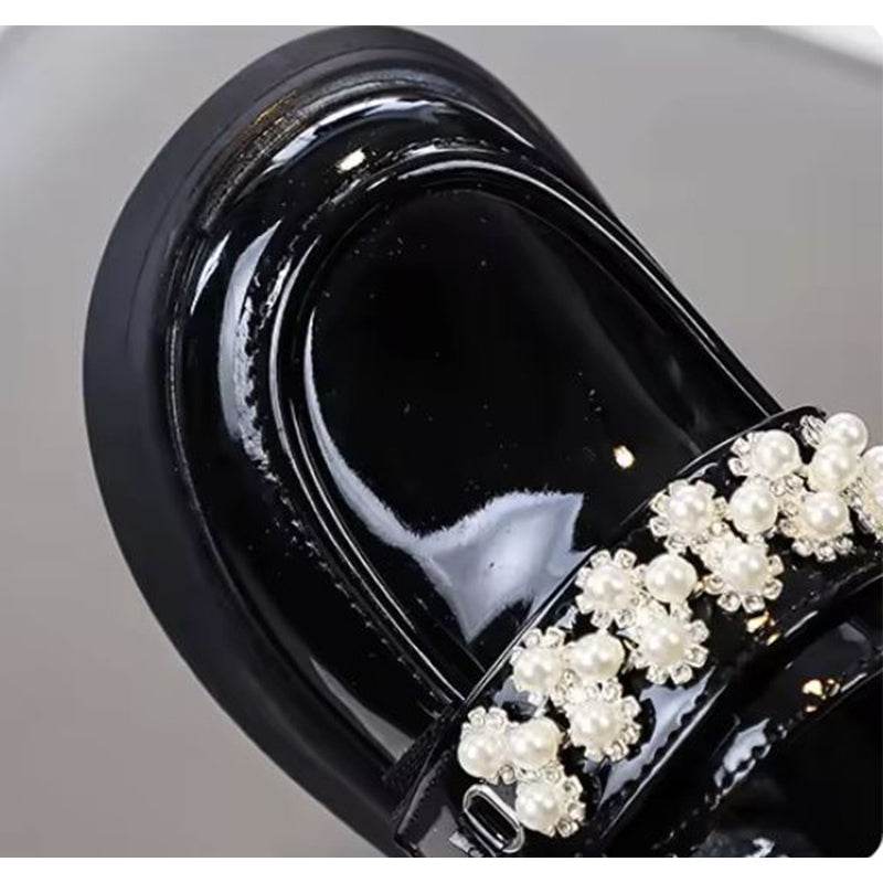Chic & Classy: Black and Beige Glossy Fashion Leather Shoes for Girls - IRRAKIDS