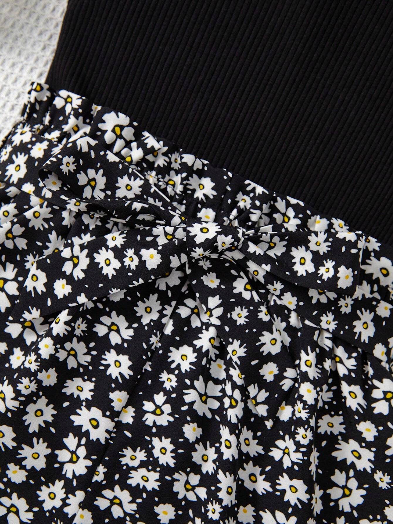 Tween Girls' Knitted Solid Color Sleeveless Top With Spaghetti Straps And Floral Belted Jumpsuit - IRRAKIDS