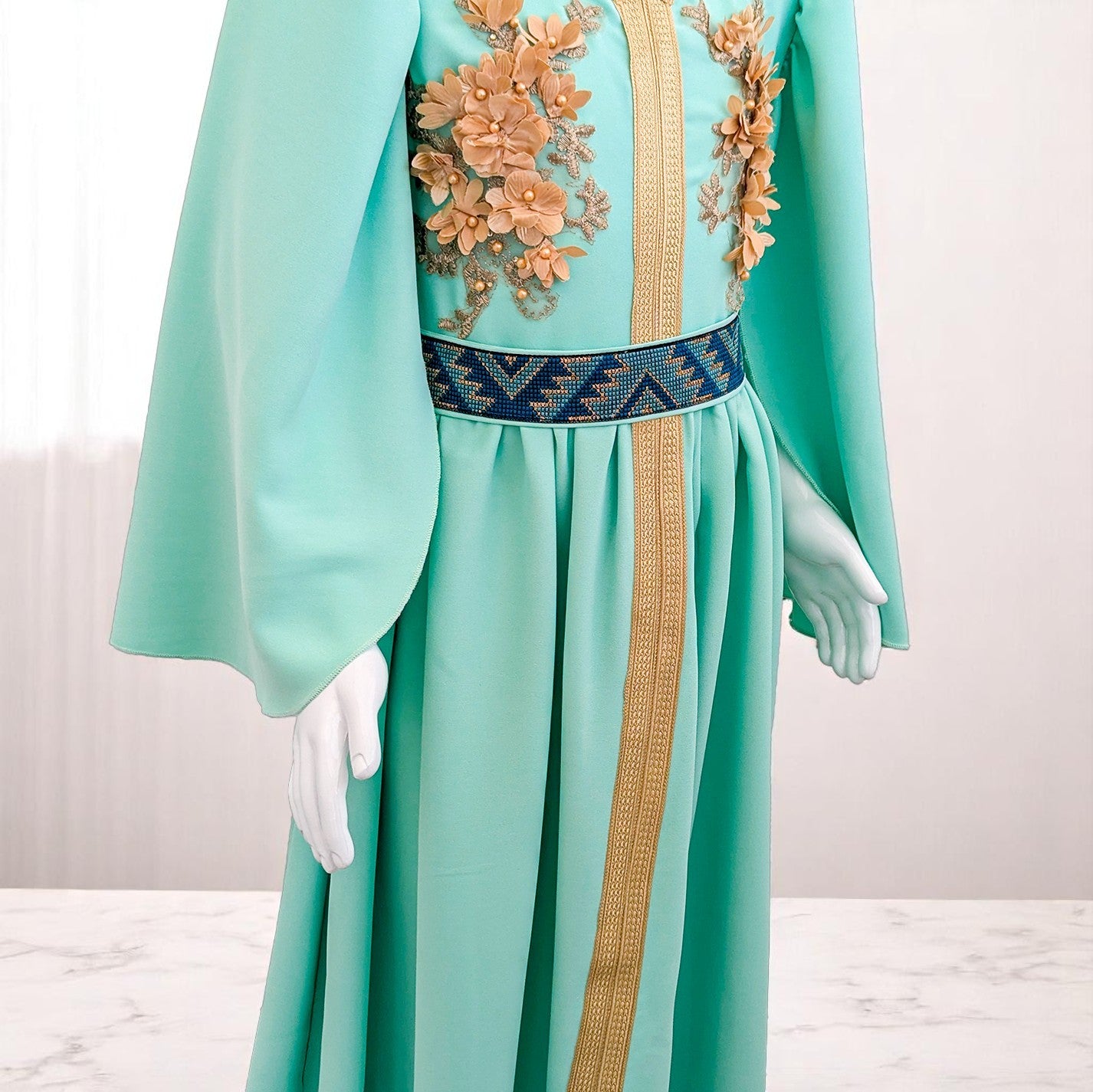 Luxurious Embroidered Girls’ Dress – Gold Details for Special Occasions