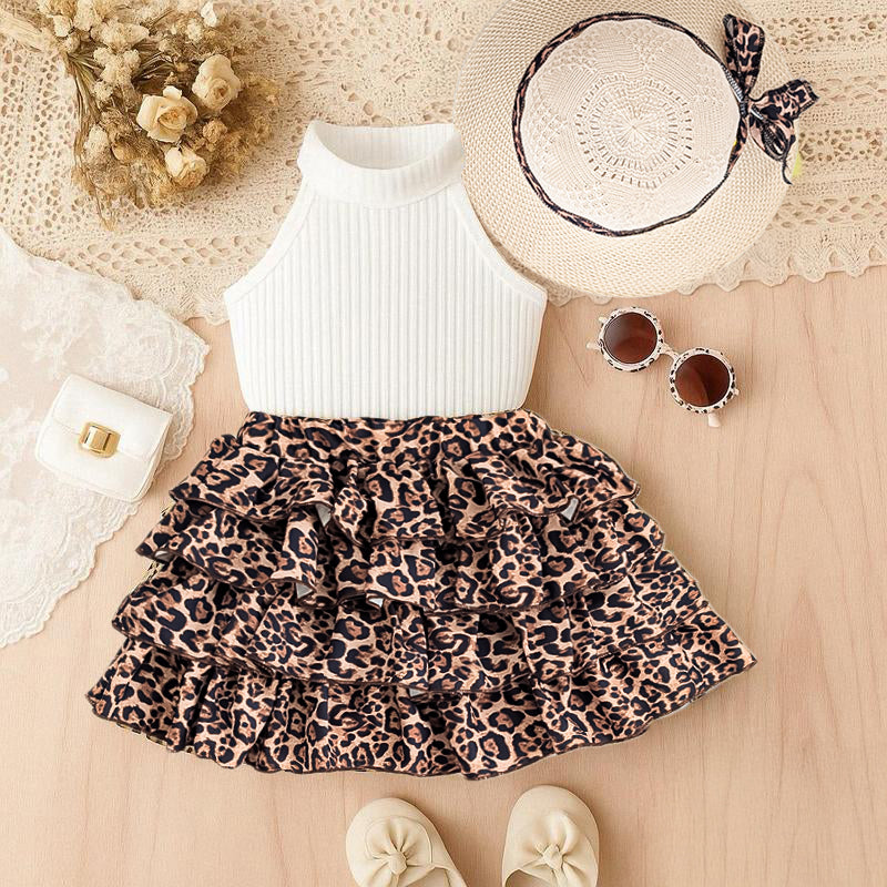 Vintage Leopard Print Kids Outfit – 3-Piece Sleeveless Cotton Set