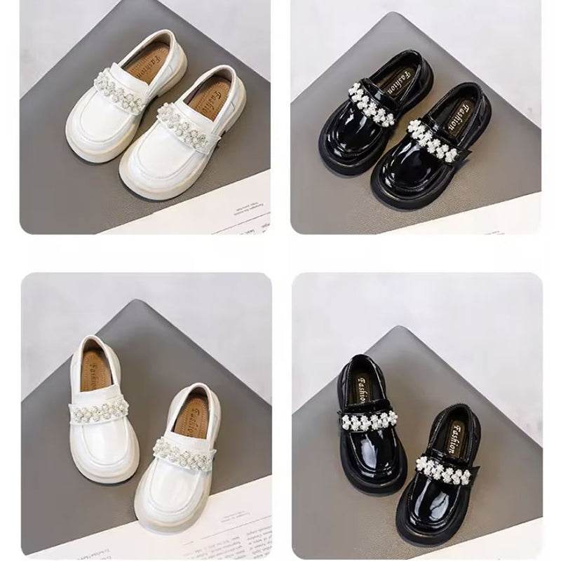 Chic & Classy: Black and Beige Glossy Fashion Leather Shoes for Girls - IRRAKIDS