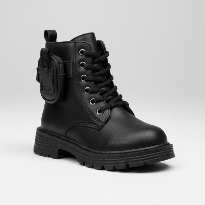 Girls' lace‑up combat boots with mini pouch — Product image: