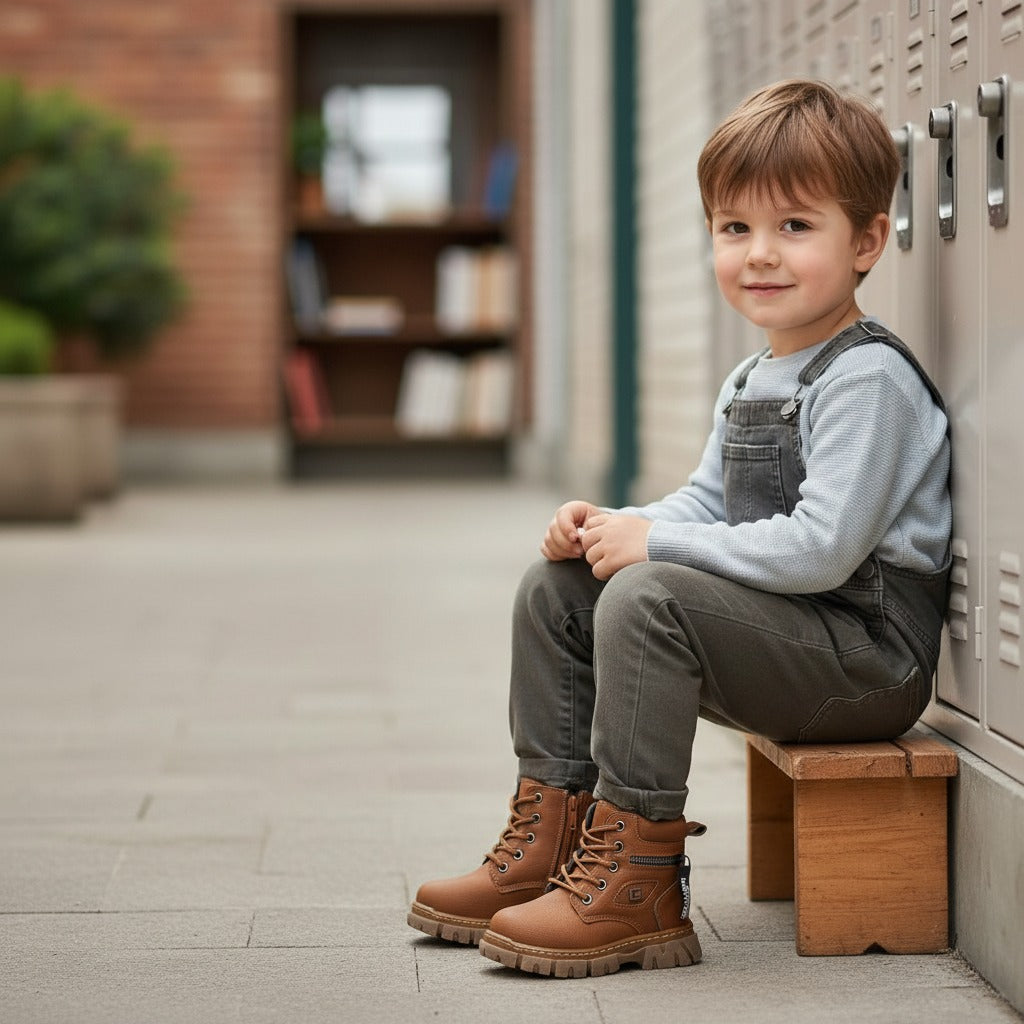 Boys’ rugged lace-up ankle boots with side zipper — Product image: