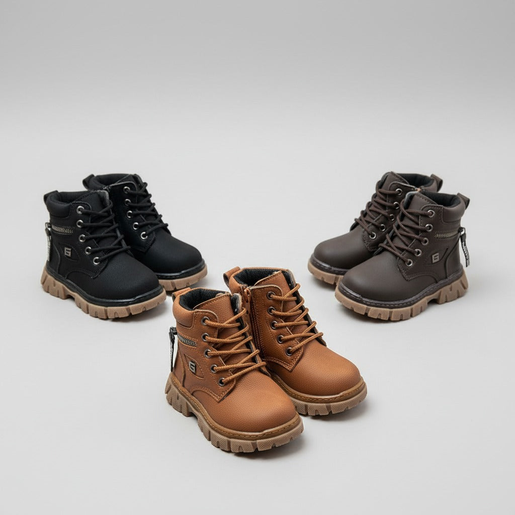 Boys’ rugged lace-up ankle boots with side zipper — Product image: