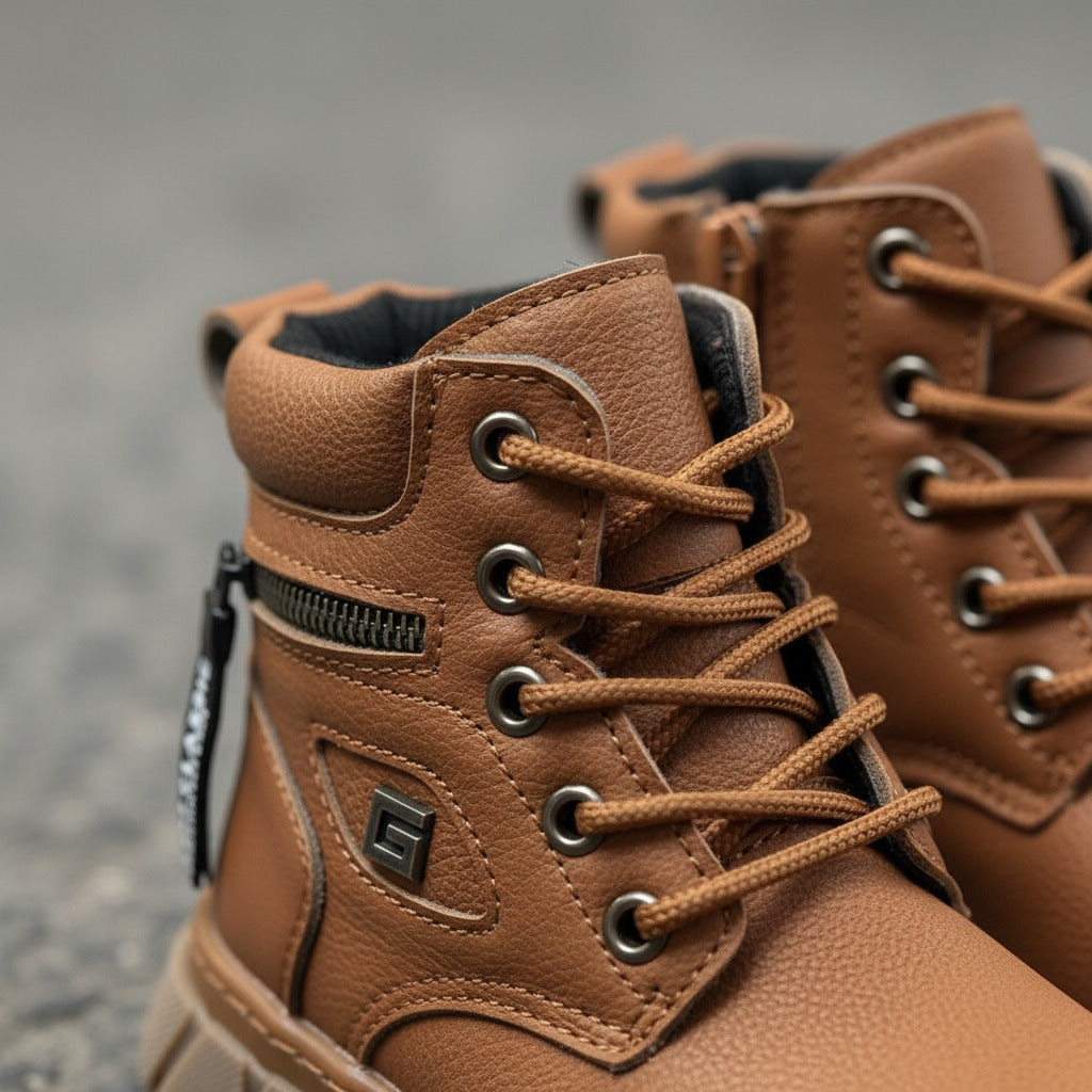 Boys’ rugged lace-up ankle boots with side zipper — Product image: