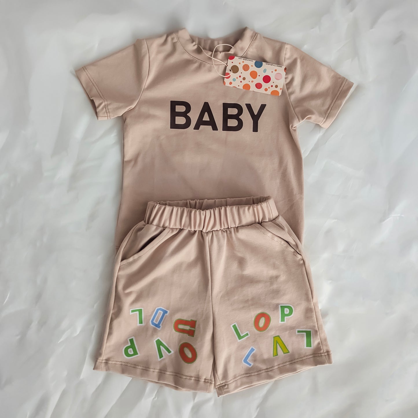 Boys’ “BABY” Cotton Summer Outfit Set with Matching Cap – Available in Blue & Beige