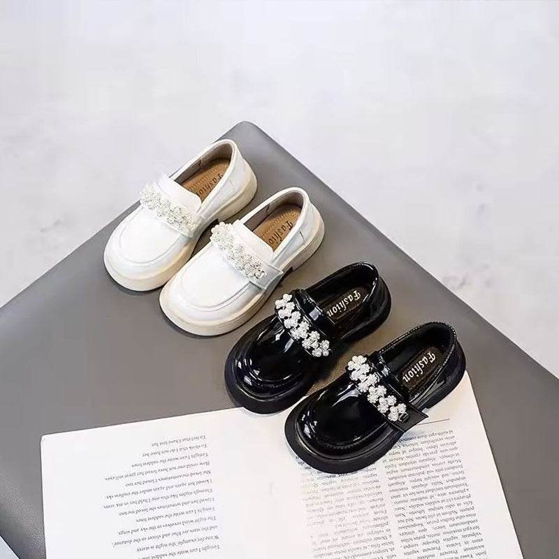Chic & Classy: Black and Beige Glossy Fashion Leather Shoes for Girls - IRRAKIDS