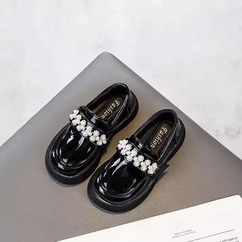 Chic & Classy: Black and Beige Glossy Fashion Leather Shoes for Girls - IRRAKIDS