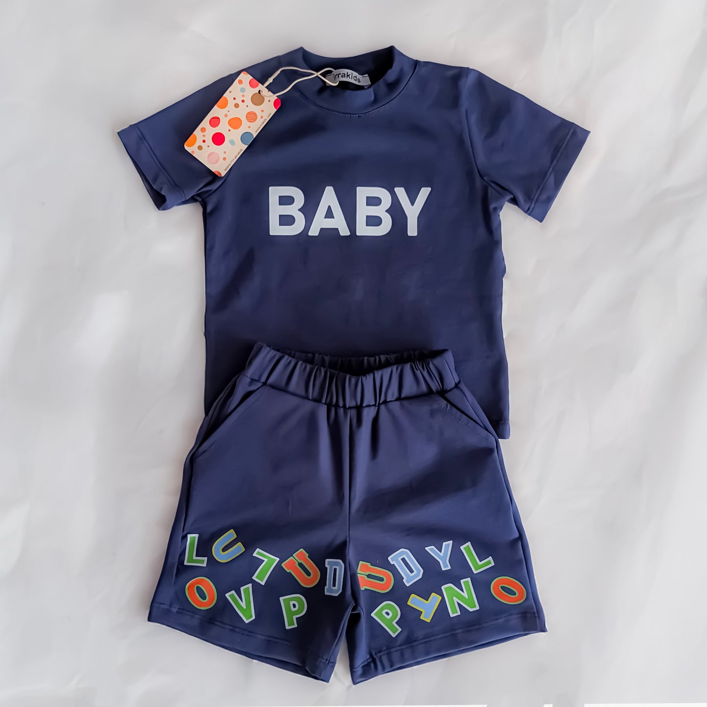 Boys’ “BABY” Cotton Summer Outfit Set with Matching Cap – Available in Blue & Beige