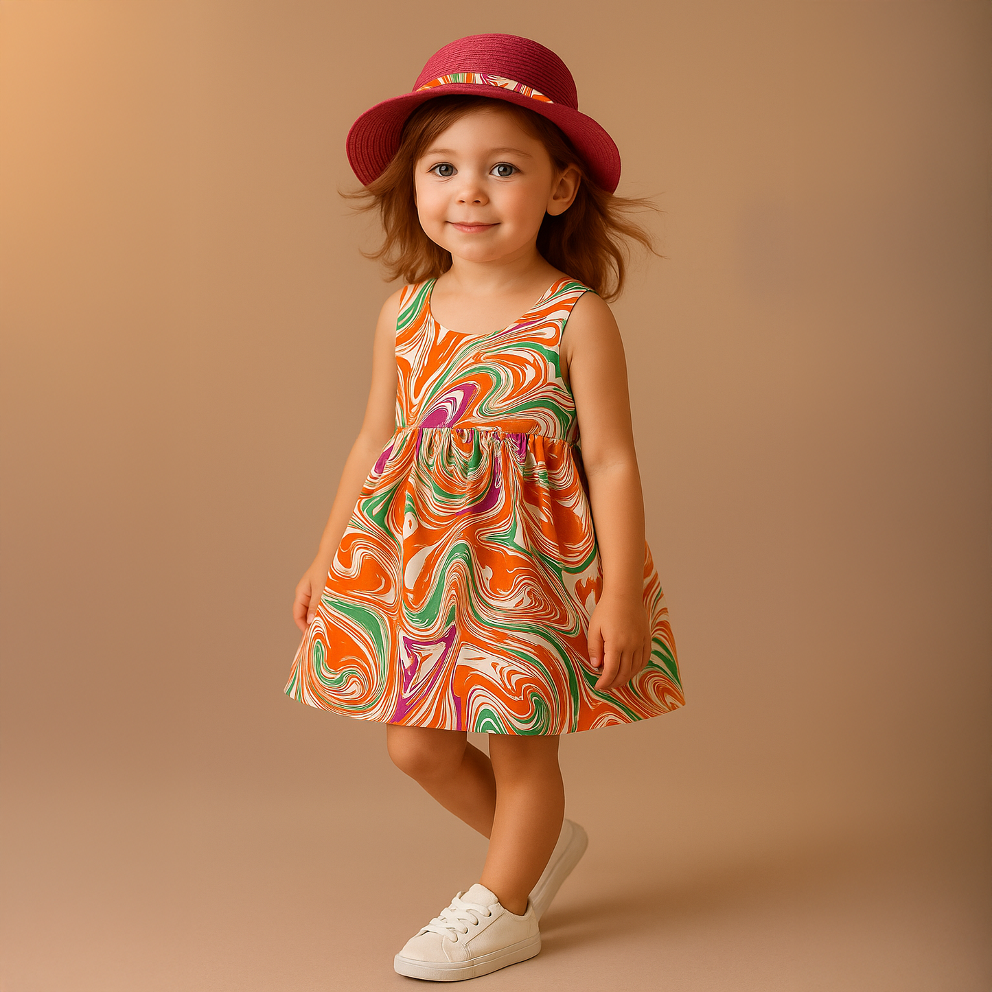Girls' colorful summer dress with a stylish hat and a bow tie