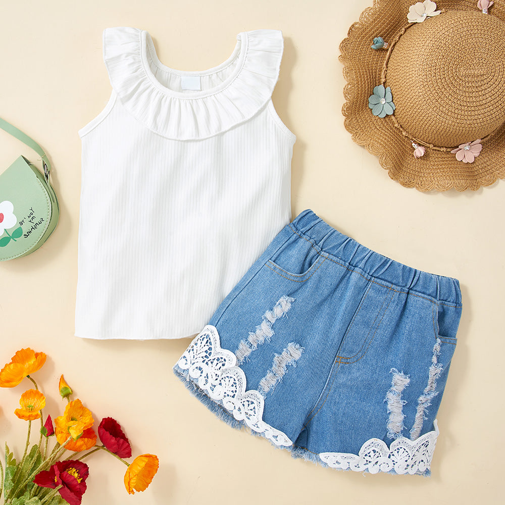 Two Pcs Flounce Sleeveless White Tee and Lace Design Ripped Denim Shorts Set - IRRAKI