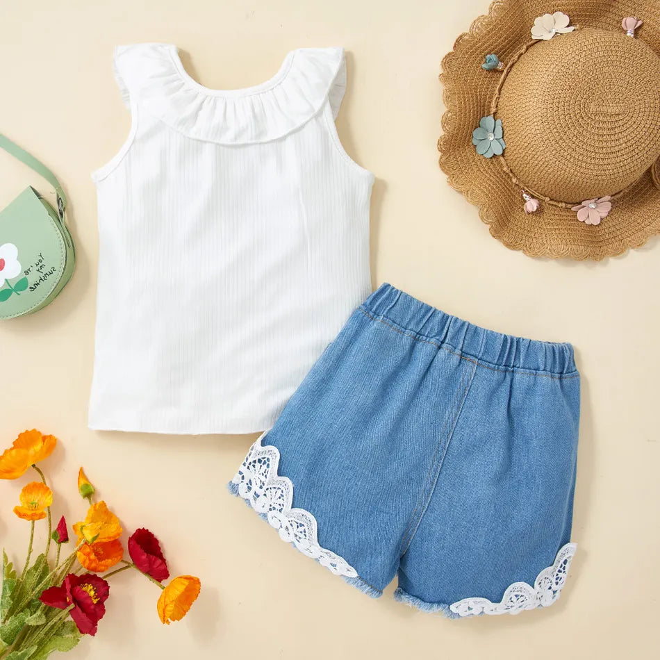 Two Pcs Flounce Sleeveless White Tee and Lace Design Ripped Denim Shorts Set - IRRAKI