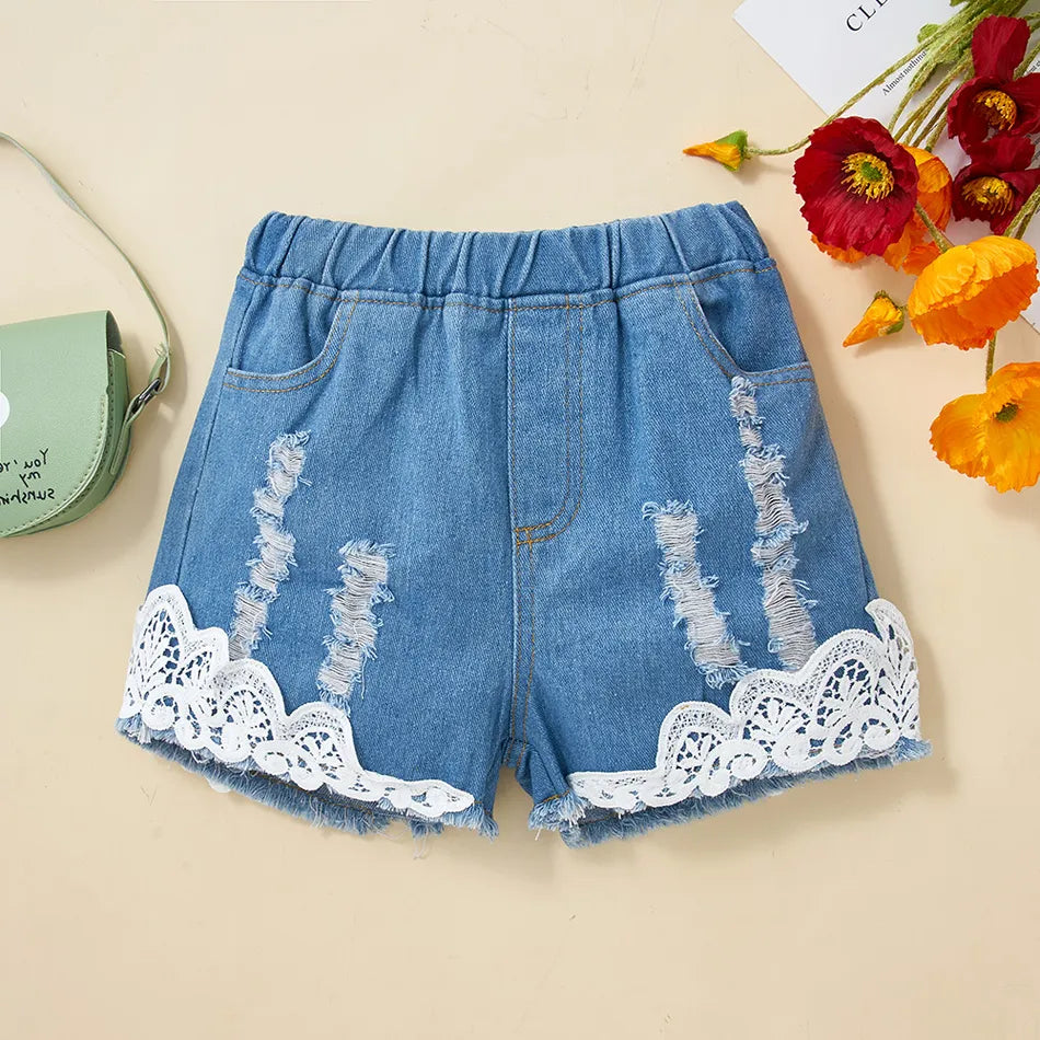 Two Pcs Flounce Sleeveless White Tee and Lace Design Ripped Denim Shorts Set - IRRAKI