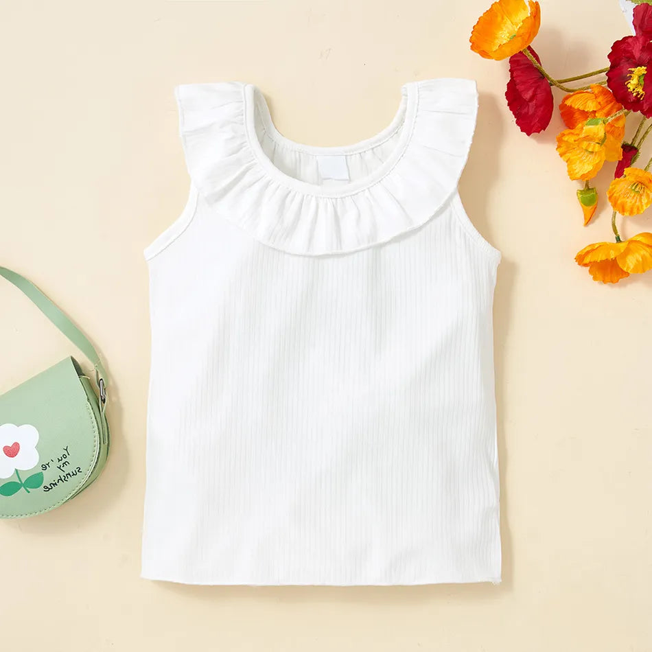 Two Pcs Flounce Sleeveless White Tee and Lace Design Ripped Denim Shorts Set - IRRAKI