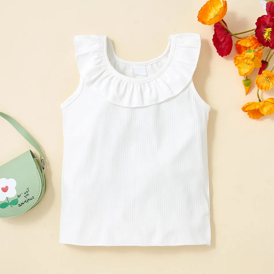 Two Pcs Flounce Sleeveless White Tee and Lace Design Ripped Denim Shorts Set - IRRAKI