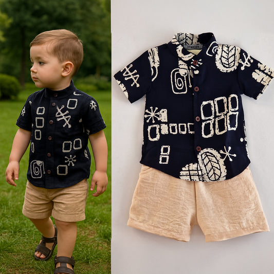Boys' Summer Set – Black Graphic Shirt & Beige Shorts | Cool & Comfy