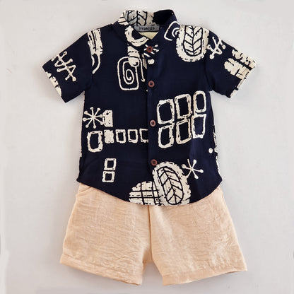 Boys' Summer Set – Black Graphic Shirt & Beige Shorts | Cool & Comfy