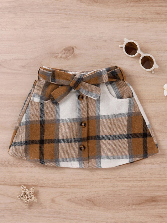 Checkered Charm : jupe ceinturée en laine mélangée pour fille