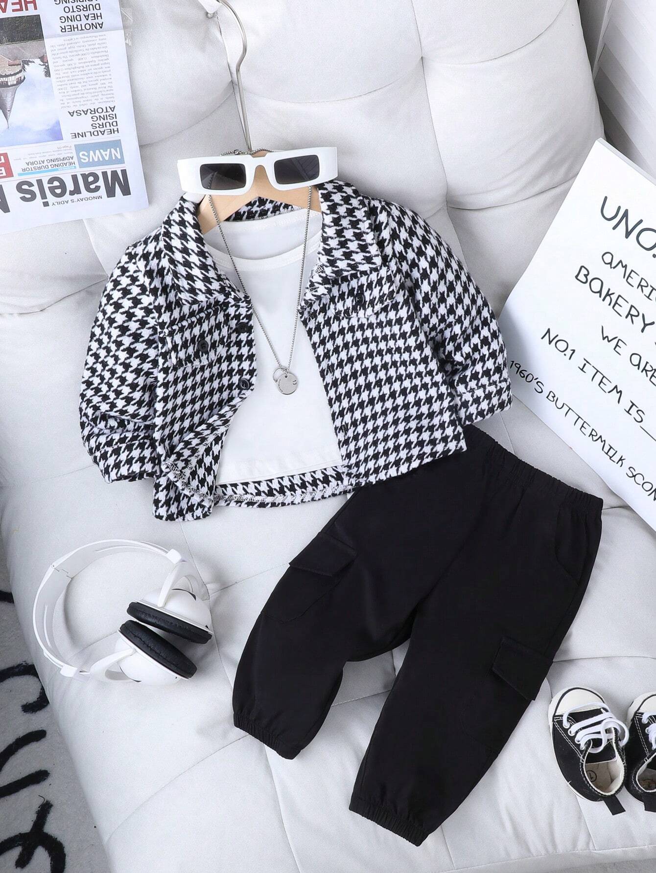 Ensemble pour  garçon Playful Pals – Surchemise élégante à imprimé pied-de-poule + pantalon noir assorti, tenue décontractée et élégante pour le printemps et l'automne