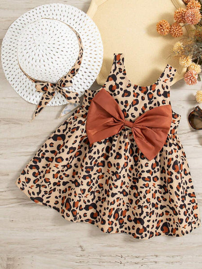 Ensemble deux pièces 100 % coton, robe léopard à col carré, sans manches, nœud papillon et chapeau
