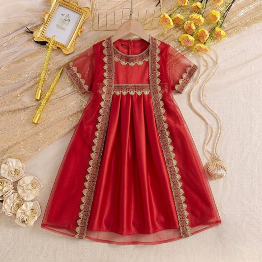 Girls Elegant Satin & Net Party Dress with Embroidered Lace Cape Overlay