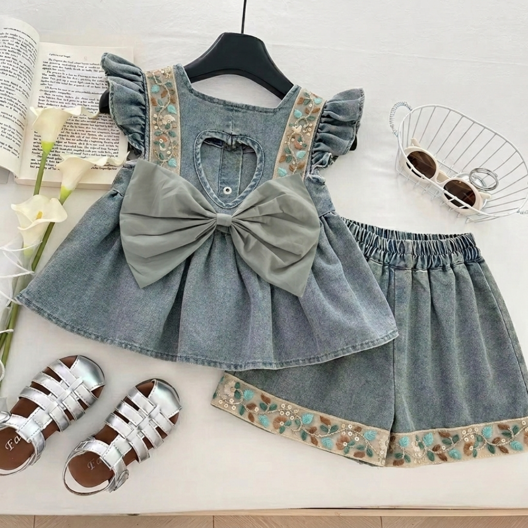 🌸 Elegant Denim Floral Set for Girls – Soft Summer Style