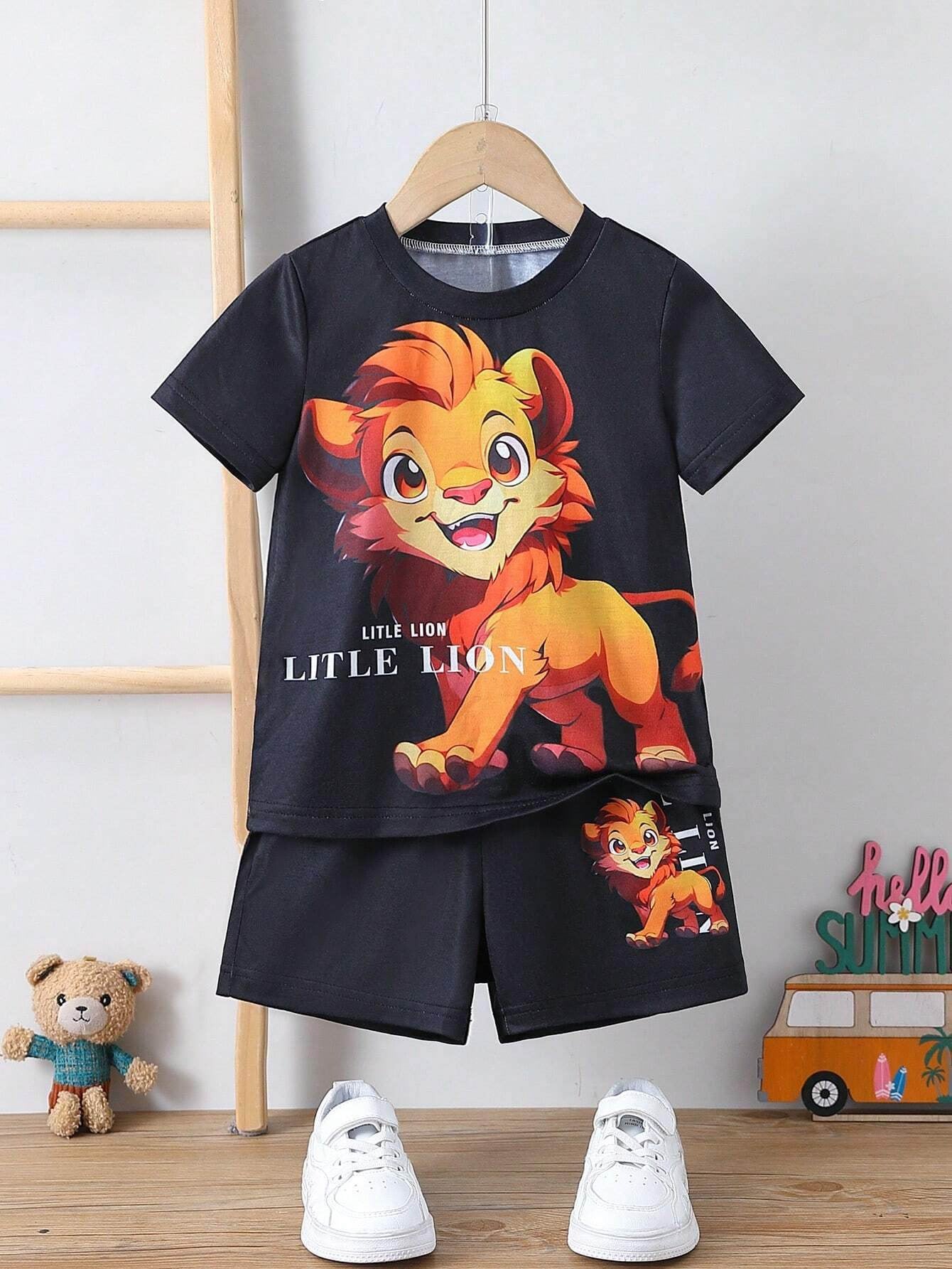 Little boys cartoon lion pattern short sleeve t-shirt set