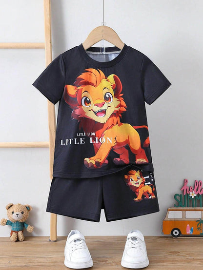 Little boys cartoon lion pattern short sleeve t-shirt set