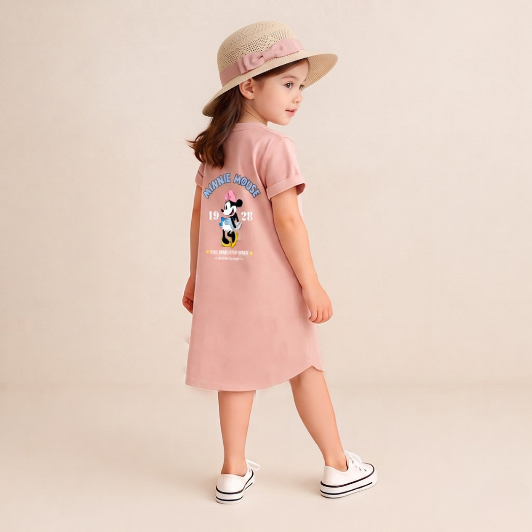 Pure Cotton Girls long shirt– Cartoon Summer home and out Dress with a matching sun hat