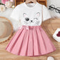 Young Girl's Cartoon Graphic T-shirt & Pleated Skirt