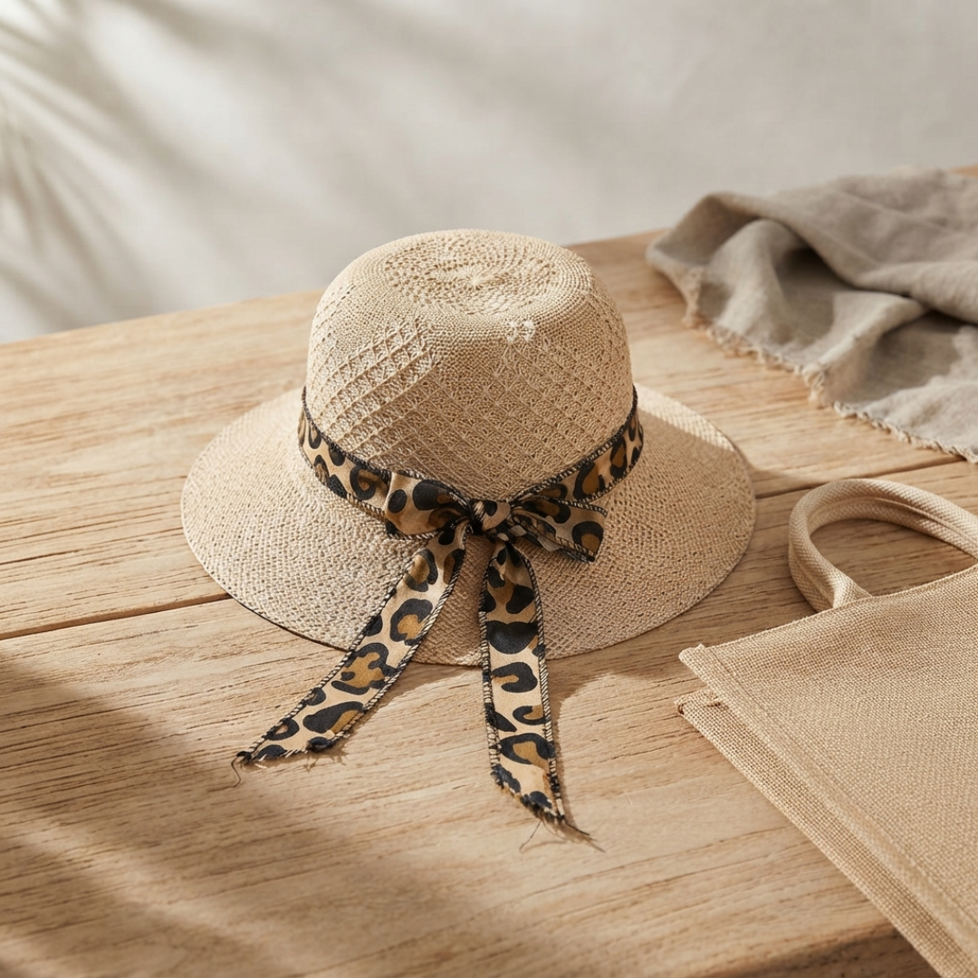Ensemble deux pièces 100 % coton, robe léopard à col carré, sans manches, nœud papillon et chapeau