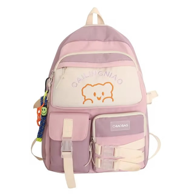 Korean Style Multi-Pocket Backpacks for Girls and boys, Embroidered Bear Waterproof School Bags