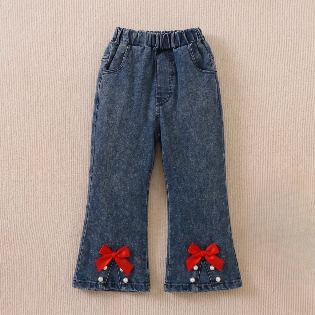 Ensemble élégant haut à nœud rouge et jean en denim pour petites filles – Tenue stylée pour enfant