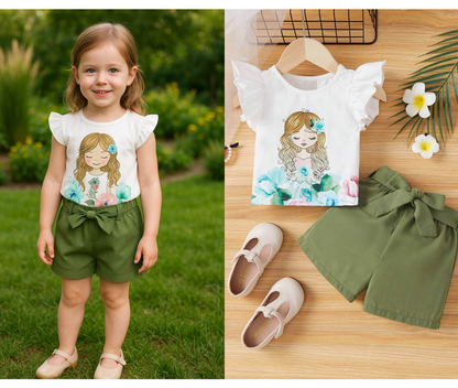 Ensemble Adorable  pour Bébés Filles : Blouse à Manches Courtes et Capuche, Avec Ceinture et Short