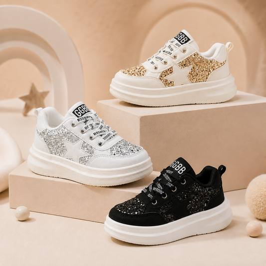 Girls Glitter Star Sneakers – Fashion Casual Shoes with Thick Sole & All-Day Comfort