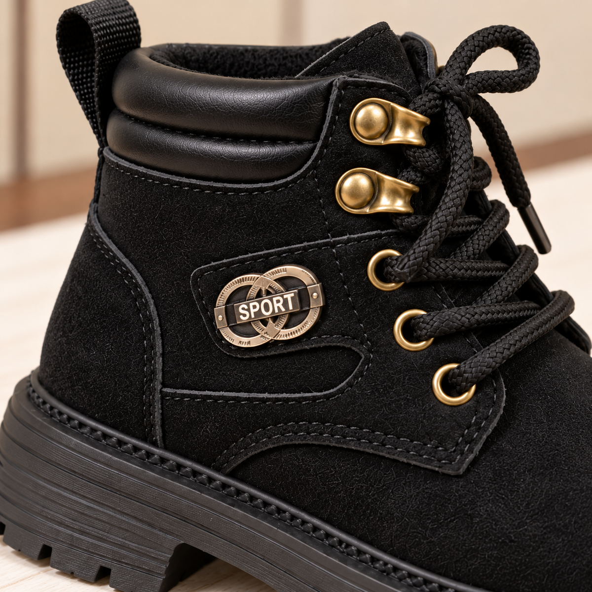 Bottines à lacets pour enfant avec cols rembourrés, semelles épaisses et style outdoor classique – Disponibles en noir, camel et taupe