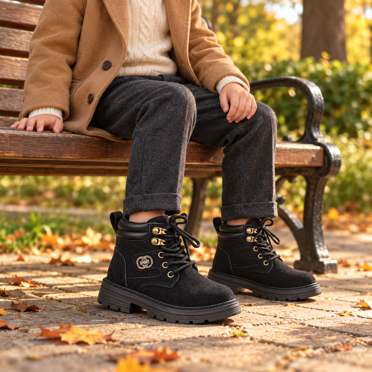 Bottines à lacets pour enfant avec cols rembourrés, semelles épaisses et style outdoor classique – Disponibles en noir, camel et taupe