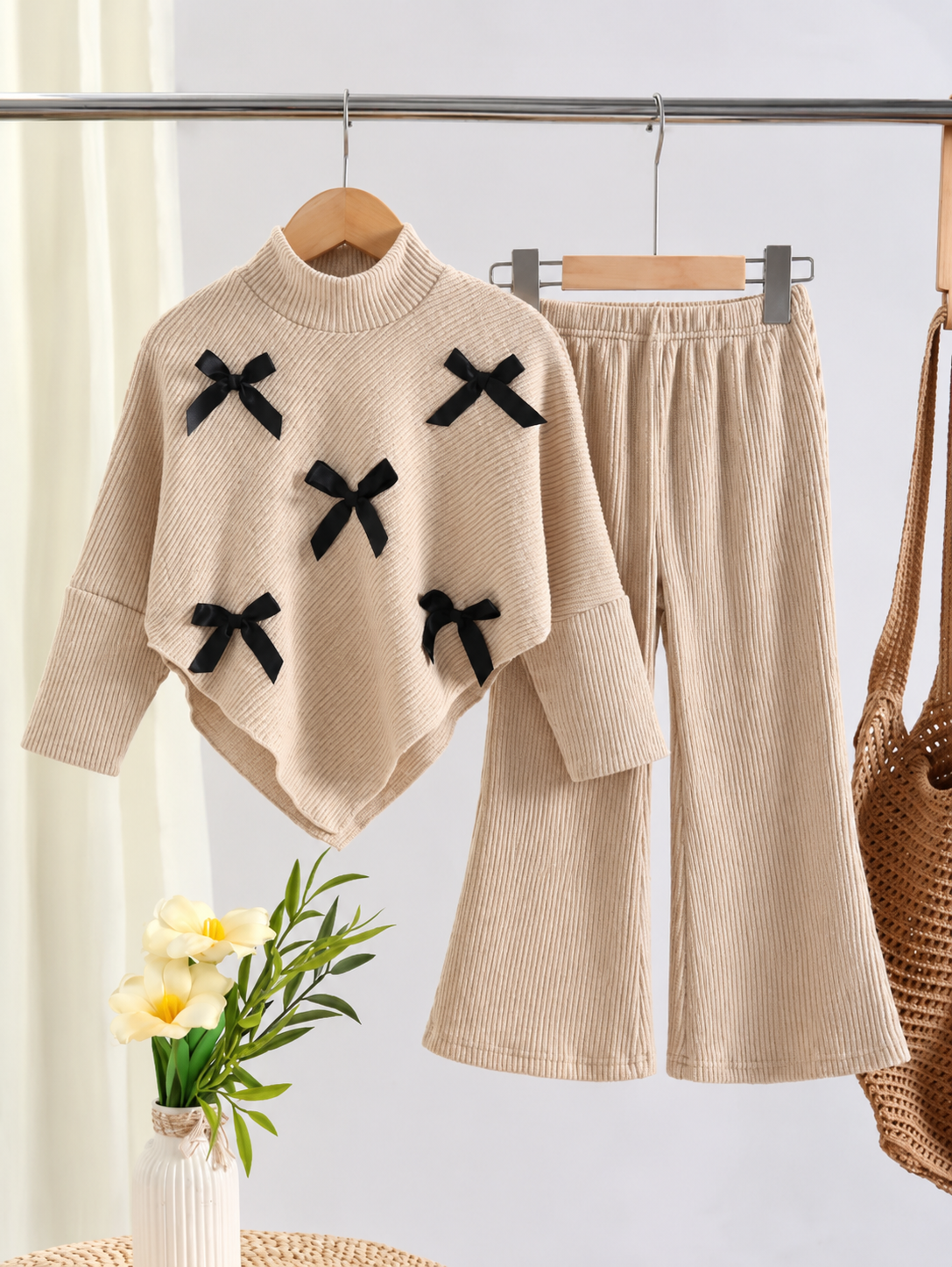 Girls’ Warm and Cozy Lined Two-Piece Winter Set with Bow-Detail High-Neck Top and Comfortable Wide-Leg Pants (Copy)