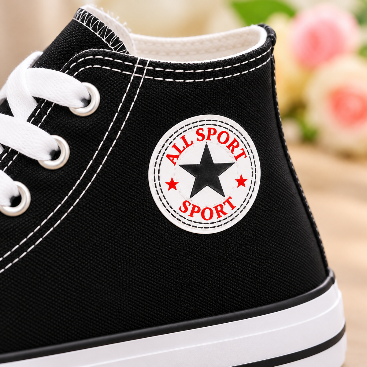 Kids’ Classic High-Top Lace-Up Sneakers in Black and White with Star Patch Details, Contrast Trim, and Timeless Everyday Style for Boys and Girls