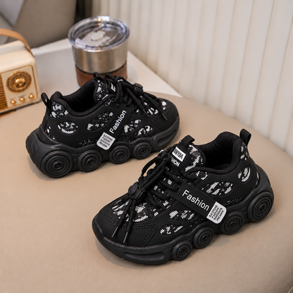 Kids’ Trendy Chunky Sneakers with Patterned Panels, Adjustable Lace-Up Fastening and Bold Circular Sole Details – Stylish Everyday Shoes for Boys and Girls