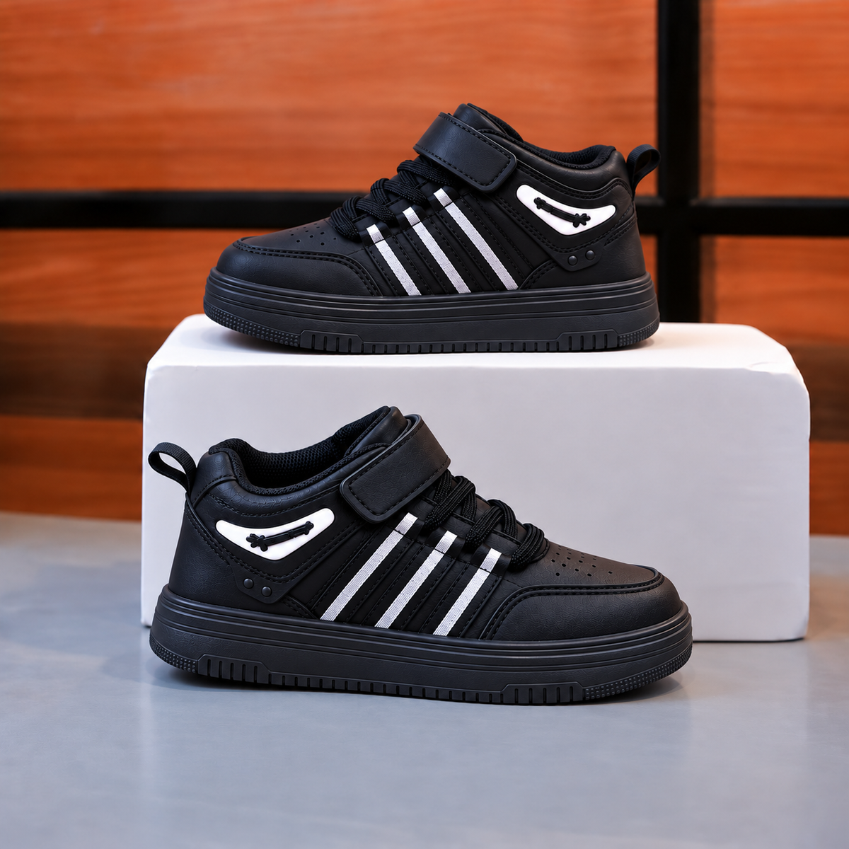 Baskets montantes sportives pour enfant avec bride de cheville réglable, col rembourré et élégants détails à rayures – Chaussures de tous les jours en noir, rose et beige