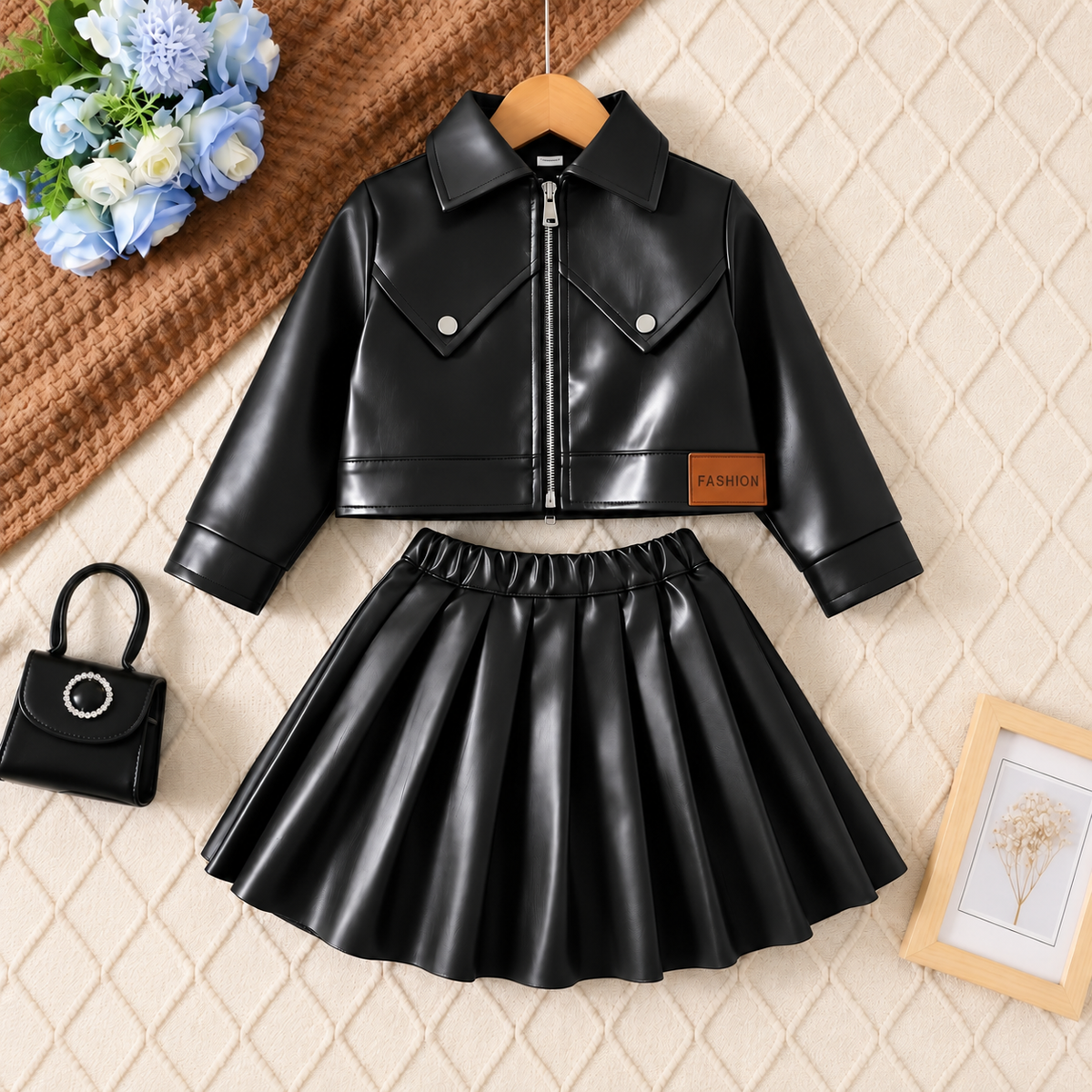 Ensemble deux pièces effet cuir pour fille avec veste zippée à col et jupe plissée – Marron ou noir