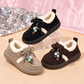 Little Charm Kids’ Moccasin Shoes with Cozy Fleece Trim, Bow Laces and Colorful Bead Details – A Charming Style for Autumn and Winter